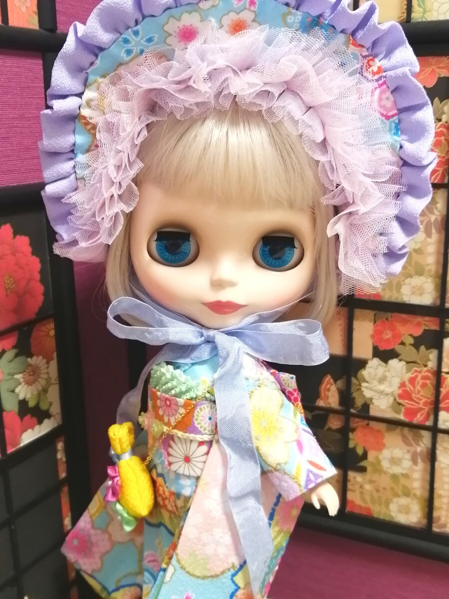 【夢人夜呉服店】ブライス　Blytheブライス着物　ハーフボンネットのお着物セット(水色)　　_画像3