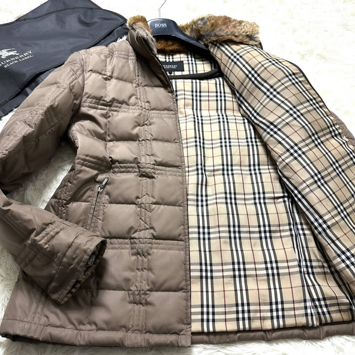 絶版美品XL.LL～L!BURBERRY BLACKLABEL2wayラビットファーキルティングジャケットノバチェック柄キャメルブラレバーバリーブラックレーベル_画像1