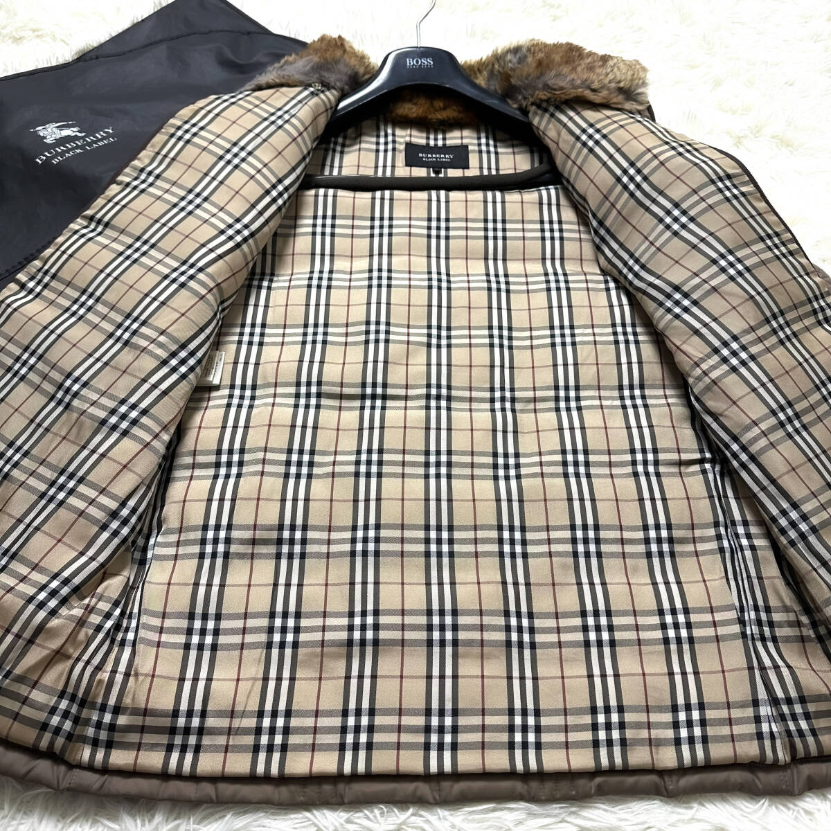 絶版美品XL.LL～L!BURBERRY BLACKLABEL2wayラビットファーキルティングジャケットノバチェック柄キャメルブラレバーバリーブラックレーベル_画像8