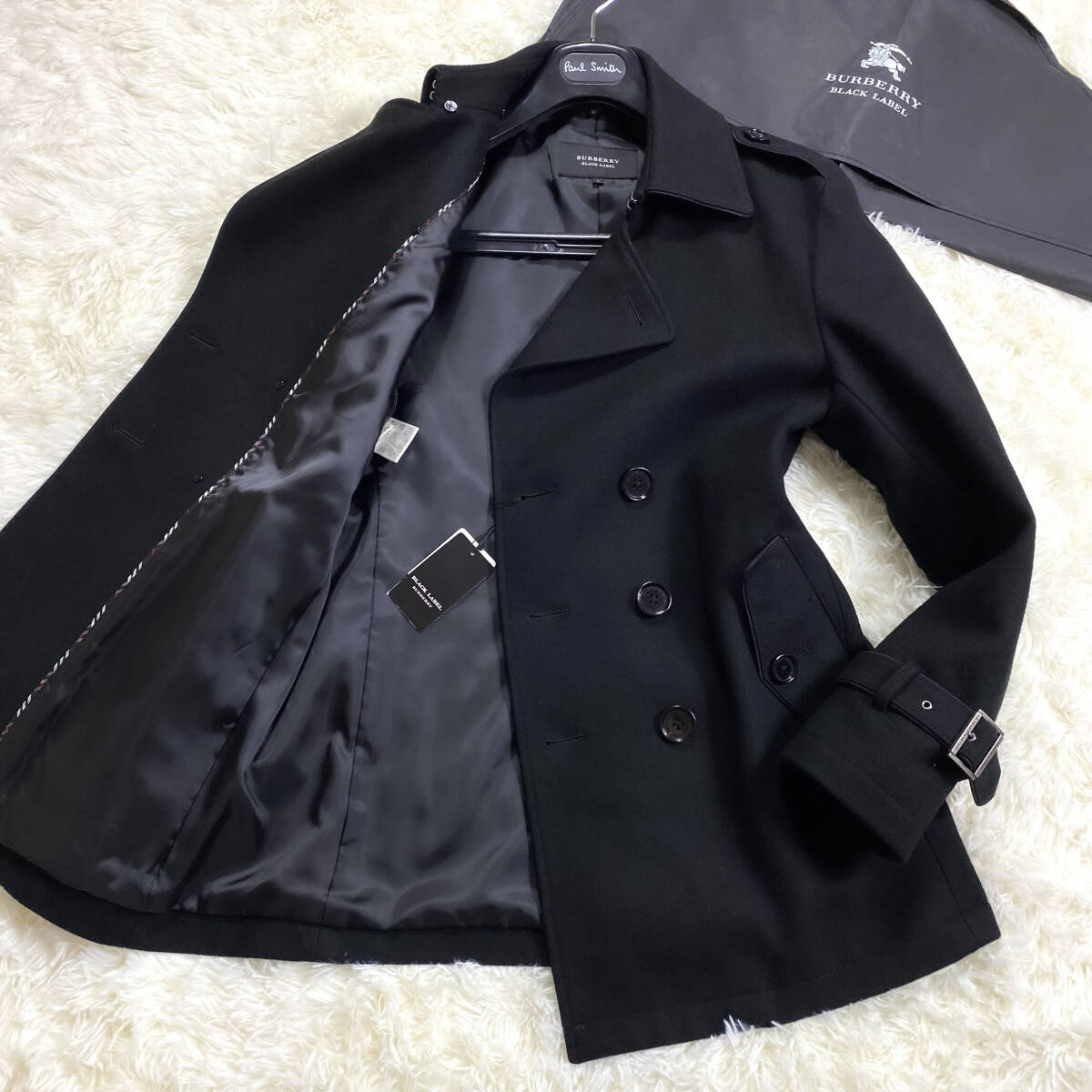 未使用級XL.LL~L!BURBERRY BLACKLABELナポレオンジャケット黒マリンPコートノバチェックパイピング銀金具ブラレバーバリーブラックレーベルの画像1