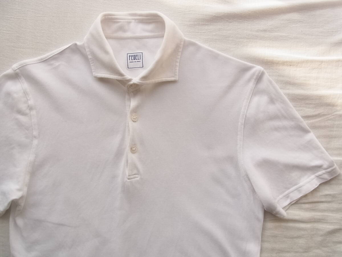 FEDELI フェデリ 鹿の子素材 半袖プルオーバー ワイドカラーシャツ サイズ 46 ホワイト MADE IN ITALYの画像1
