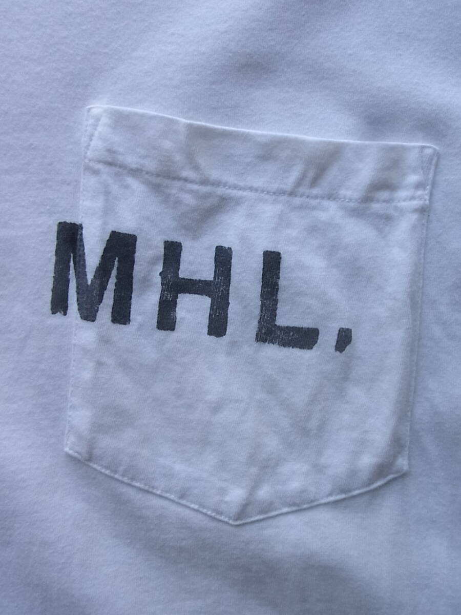 M H L マーガレット・ハウエル ロゴプリント ポケット付きTシャツ サイズ XL  ホワイト 日本製の画像3