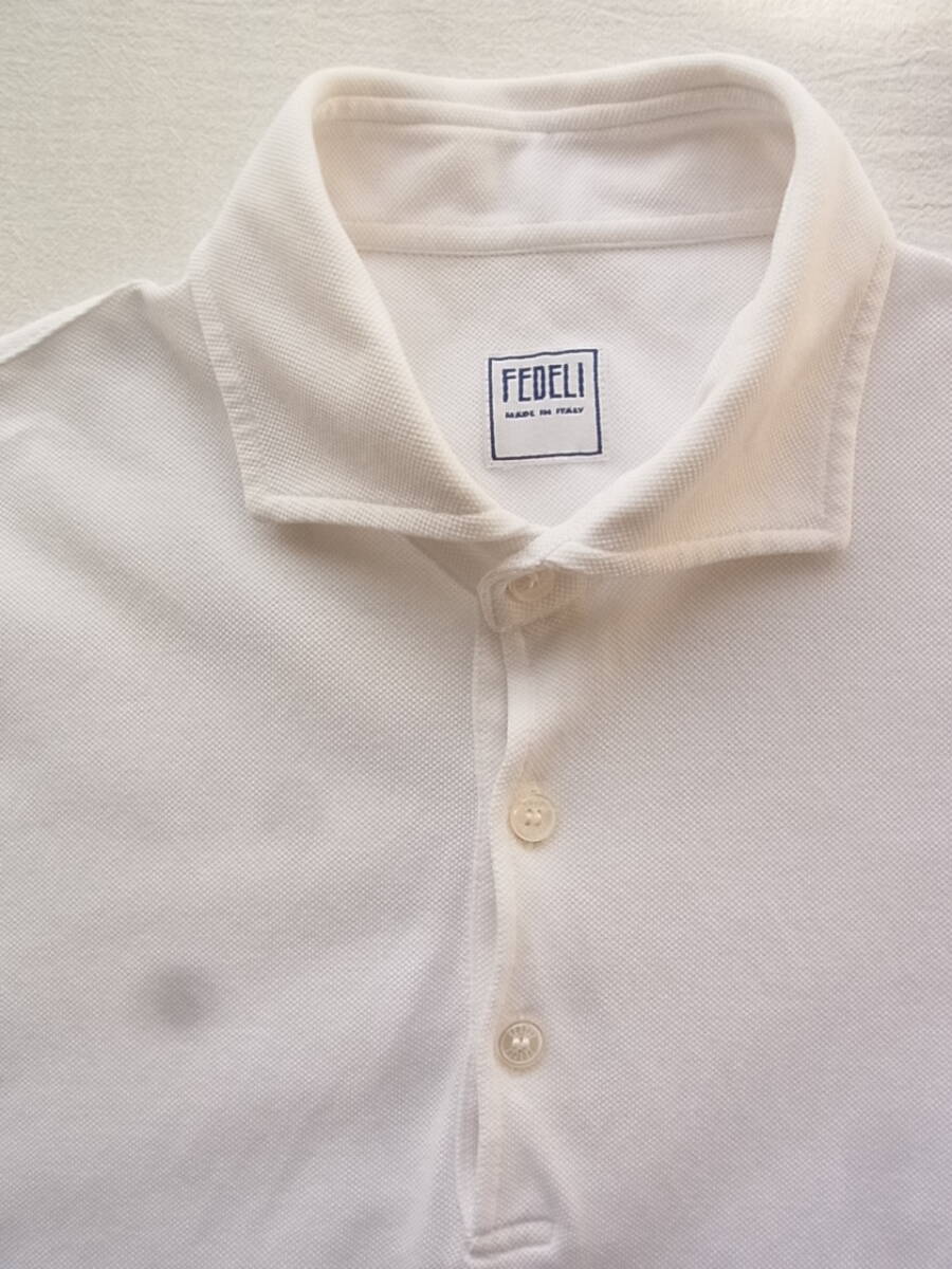 FEDELI フェデリ 鹿の子素材 半袖プルオーバー ワイドカラーシャツ サイズ 46 ホワイト MADE IN ITALYの画像3