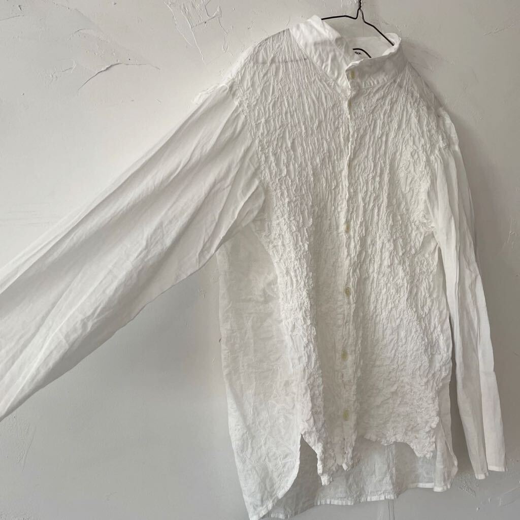 plantation プランテーション ギャザー 刺繍 コットン シャツ 4ホワイト 白 長袖 ブラウス ノーカラー エイネット 綿 ドレスシャツ の画像4
