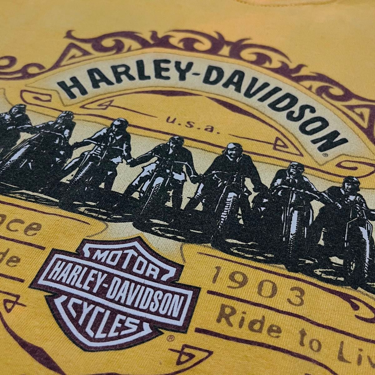 グッドフェード！00s 初期 Harley Davidson tシャツ ハーレーT 両面プリント マスタード イエローボディ M