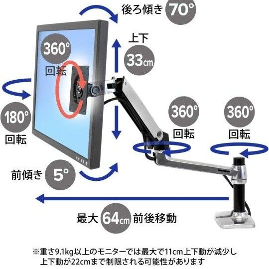 エルゴトロン LX デスク モニターアーム 34インチ(3.2~11.3kg)まで VESA規格対応 45-241-026