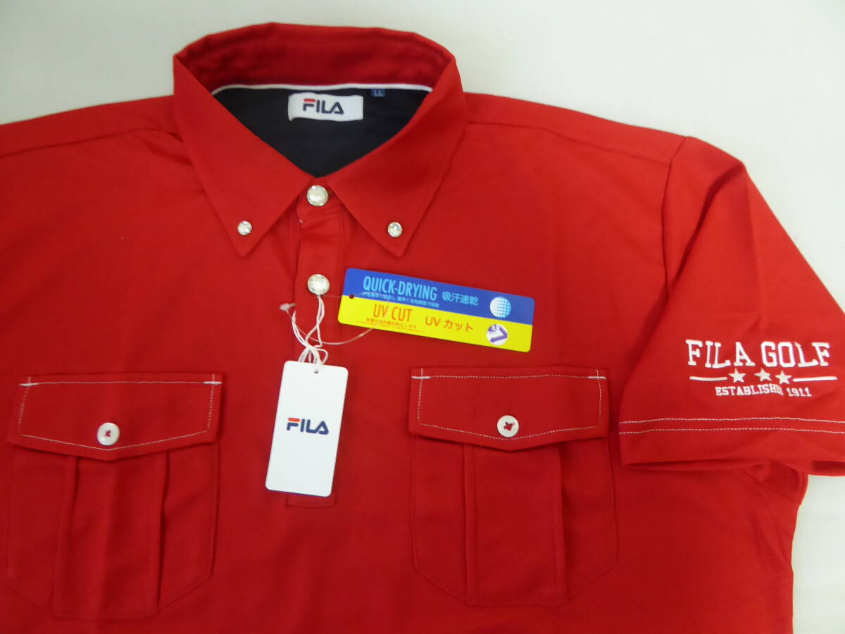 FILA GOLF フィラ ゴルフ 吸汗速乾 UVカット ポケット付き ボタンダウン長袖ポロシャツ　3L　赤_画像2