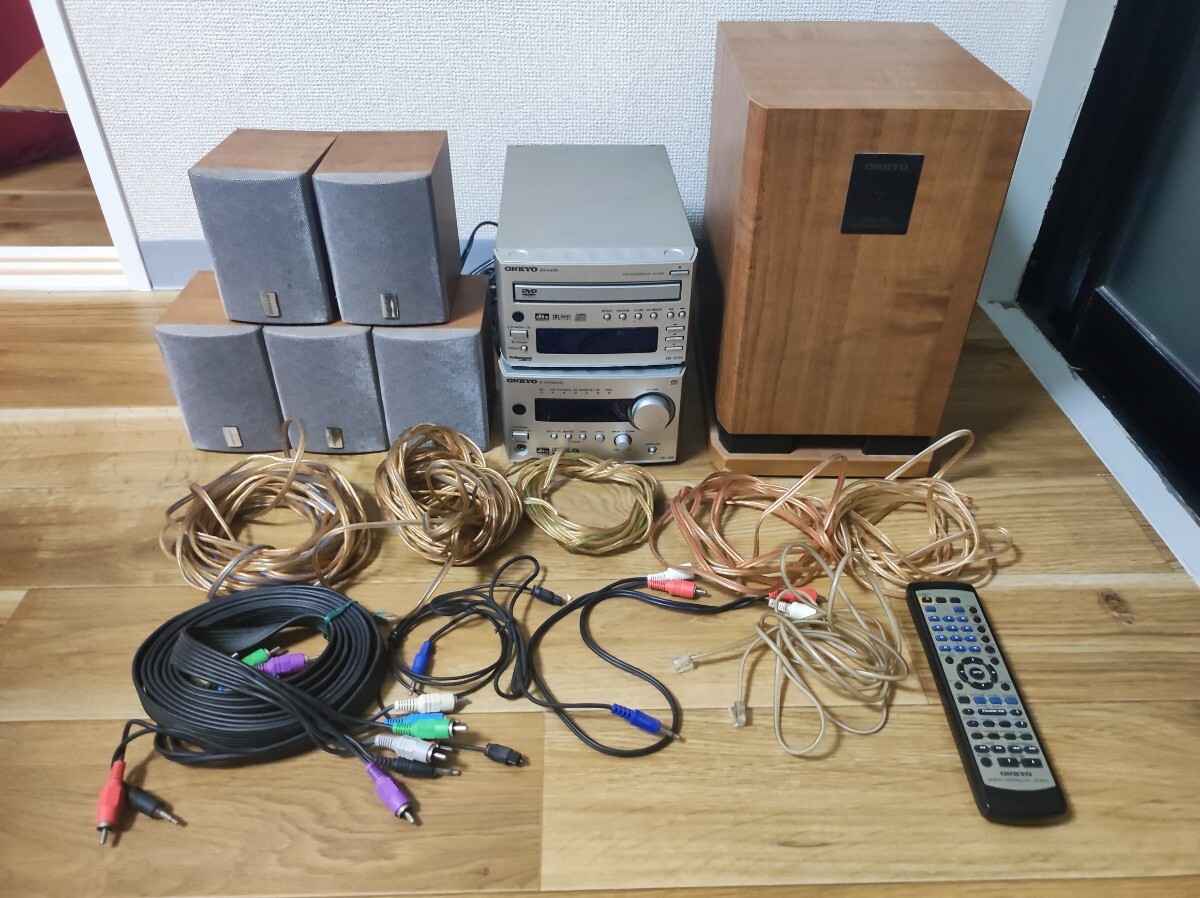 120 ◎ONKYO セット ホームシアターシステム PR-155 SWA-155 D-L1X DV-S155 中古 動作確認済 オンキョー アンプ スピーカー ウーファー ◎_画像1