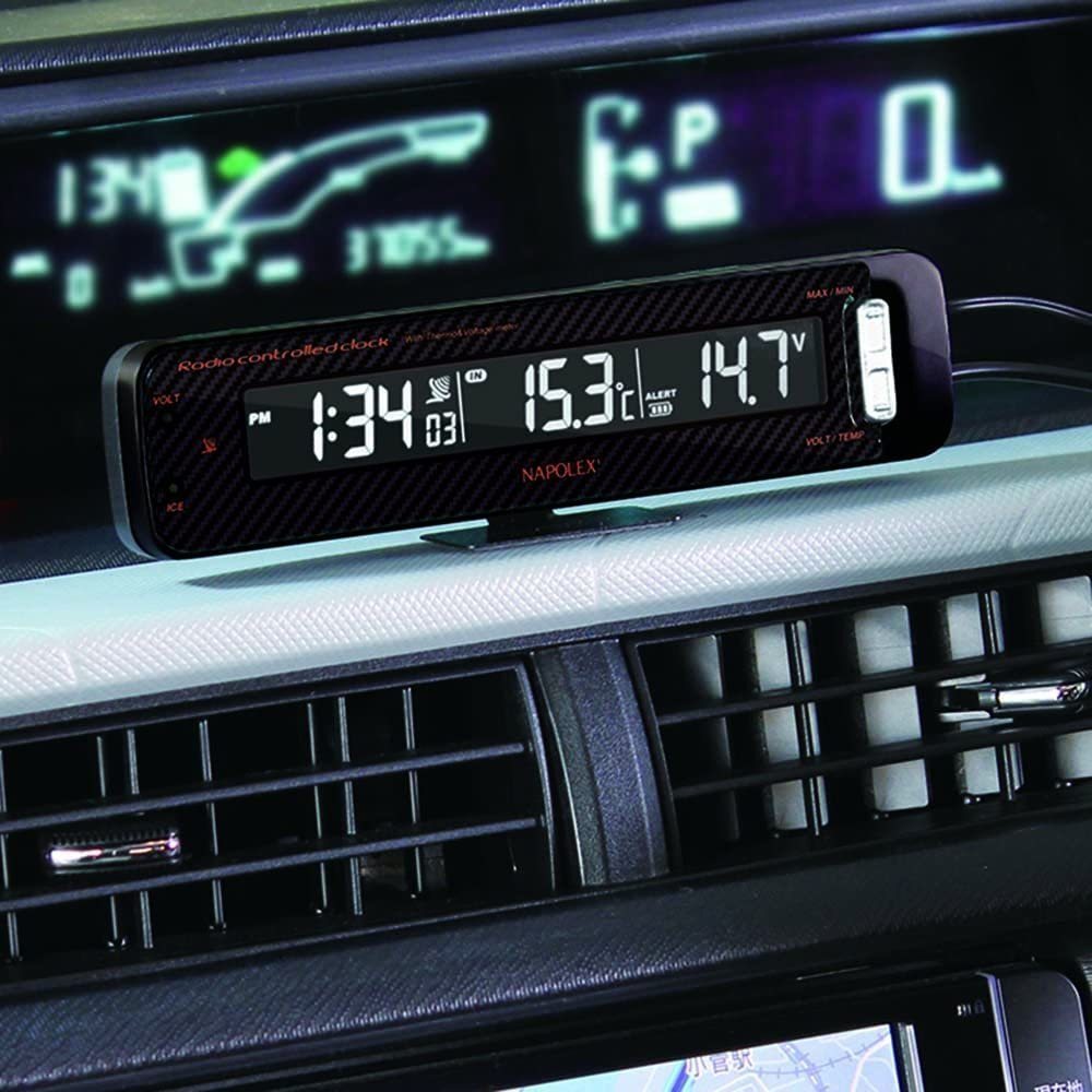 ナポレックス FIZZ-1026 VTメータークロック カーボンタイプ カー用品 温度計 気温 外気 カレンダー 時計 電池式 外気温 電波時計 NAPOLEX_画像5