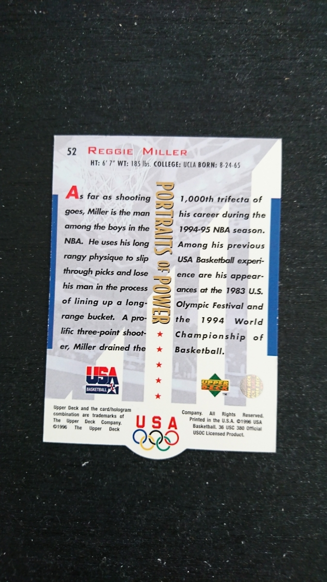 1996年当時物!UPPER DECK製OLYMPIC BASKETBALL USA代表(NBA INDIANA PACERS)「REGGIE・MILLER」トレーディングカード1枚/レジー・ミラー_画像2