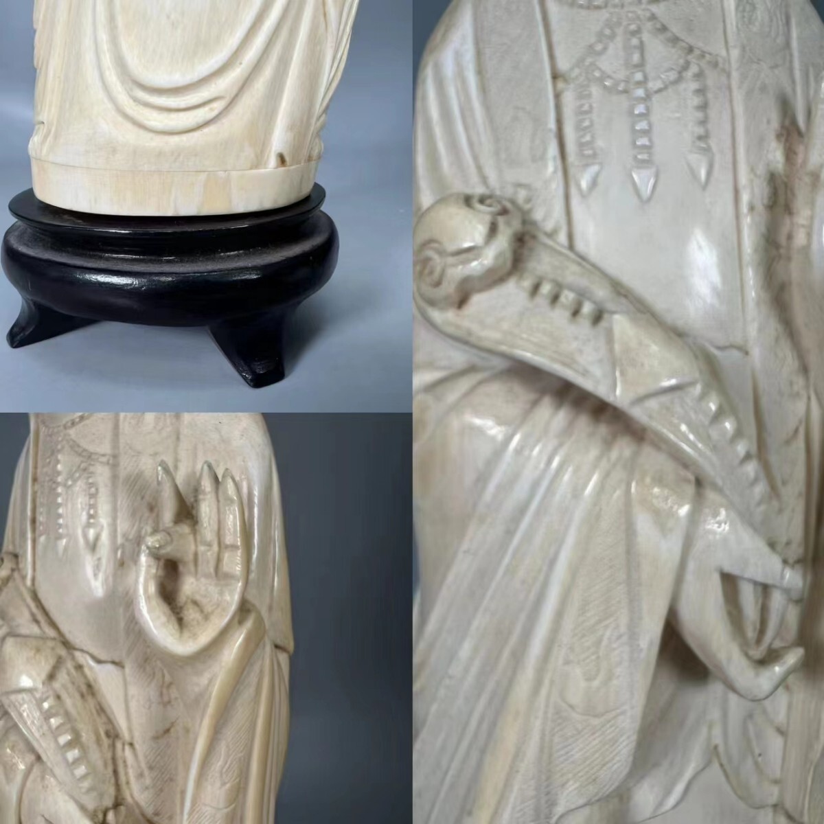 H0224C 置物 「聖観音菩薩像」 東洋彫刻 細密細工 木台付 縁起物 飾物 インテリア 仏像 仏教美術 時代物 重1014g_画像9