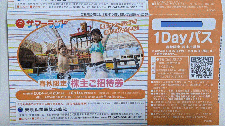 ★最新 東京サマーランド 春秋限定株主ご招待券 1Dayパス4枚 (東京都競馬 株主優待券) 2024年10/14までの画像1