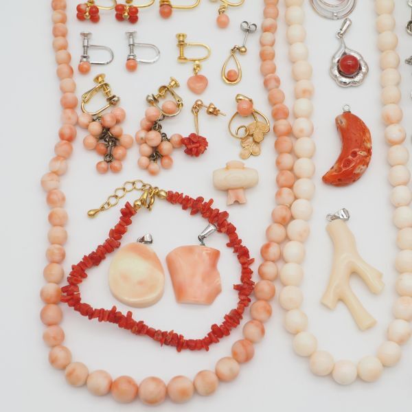 (SM0304) 1 jpy .. accessory large amount set coral coral necklace pendant top brooch earrings ring etc. together 