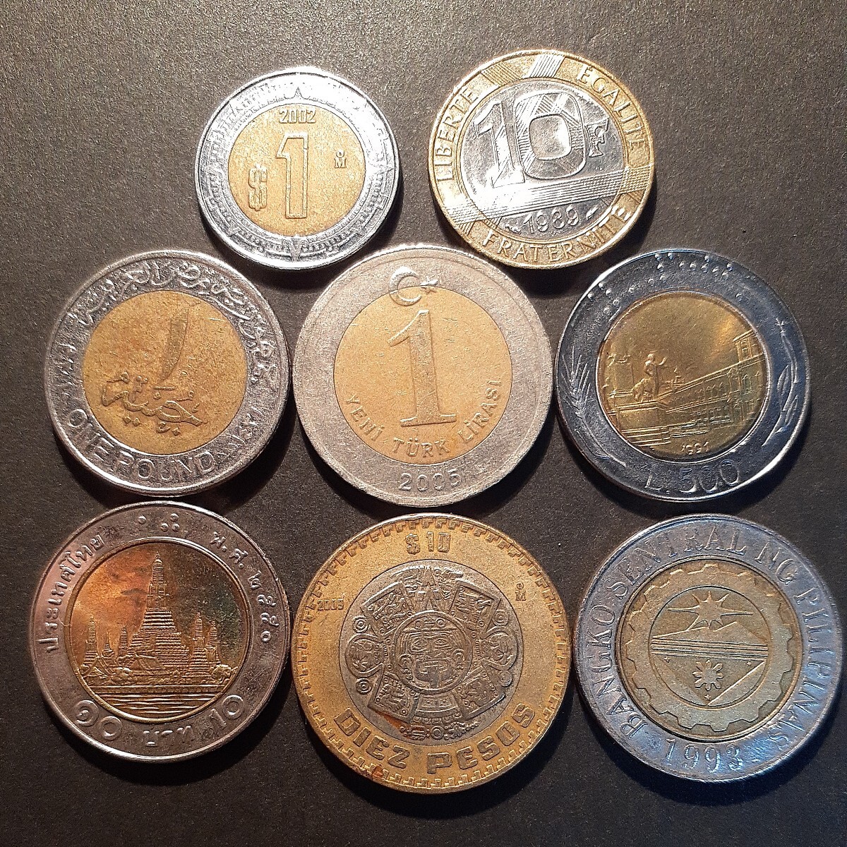 世界のバイメタルコイン 8枚まとめて メキシコ トルコ タイ フィリピン イタリア エジプト フランスの画像2