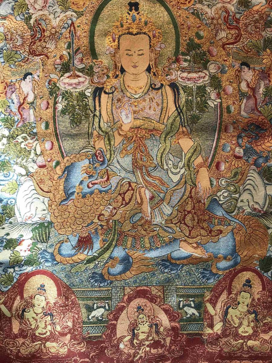 卍 仏教美術 　　 『　文殊 菩薩　織物　』 　　９１ｃｍ　　　　検索；獅子 刺繍 チベット 密教　仏画　ヨガ　釈迦　　Ｄ_画像1