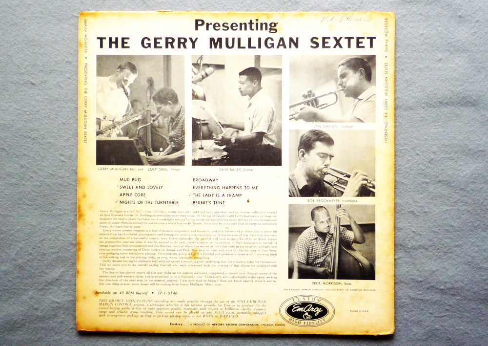 【 US盤 EmArcy 】★ Presenting THE GERRY MULLIGAN SEXTET ・ ジェリー・マリガン　/ MG-36056　青小ドラマー /　DG　/　 MONO盤 ★ _画像2