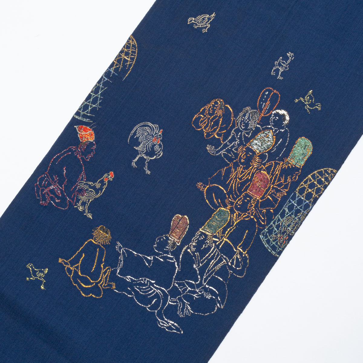 龍村平蔵 袋帯 鶏売りと町人の図 風俗画 濃紺 西陣織 正絹の画像3