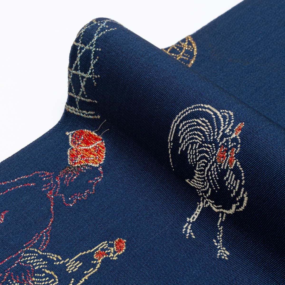 龍村平蔵 袋帯 鶏売りと町人の図 風俗画 濃紺 西陣織 正絹の画像7