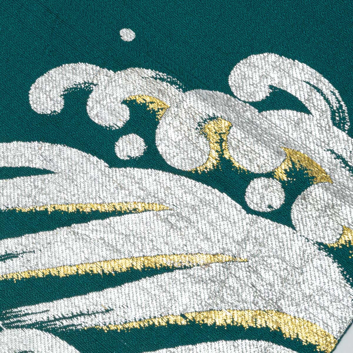 【ヴィンテージ品】夏の名古屋帯 絽 八寸 正絹 波文 銀糸 緑地 単衣仕立ての画像5
