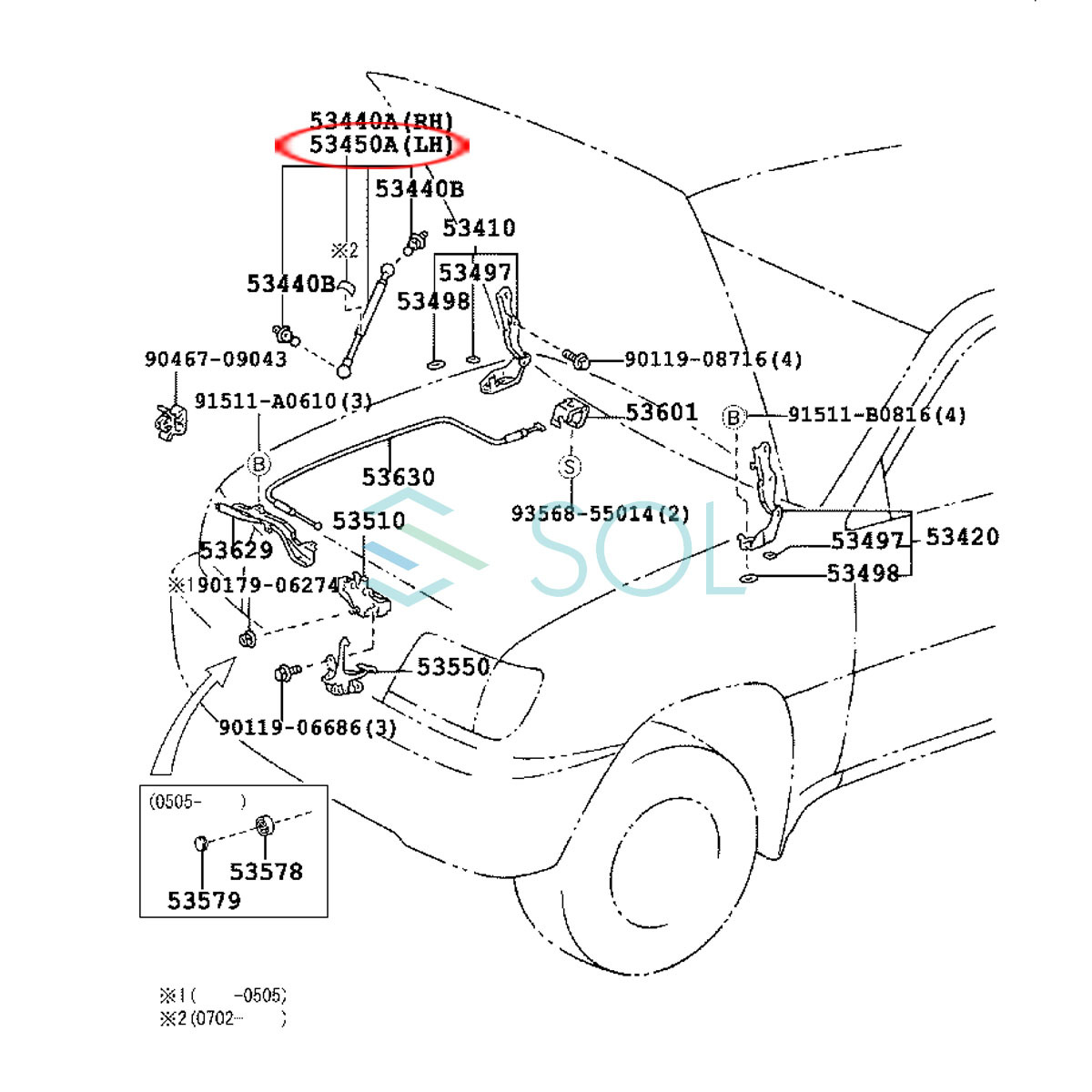  Toyota Land Cruiser (UZJ100W HDJ101K) bonnet damper left right set 53450-69025 53440-69025 53450-69026 53440-69026