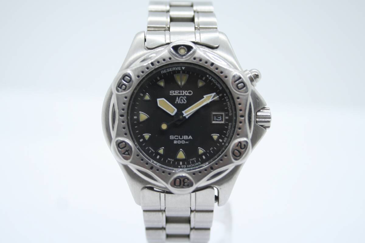 【現状品】Seiko AGS Scuba 200m Auto Quartz Date Black Dial Boys セイコー AGS 黒文字盤 ボーイズ 自動発電クォーツ 3M22-0A20 #T287の画像2