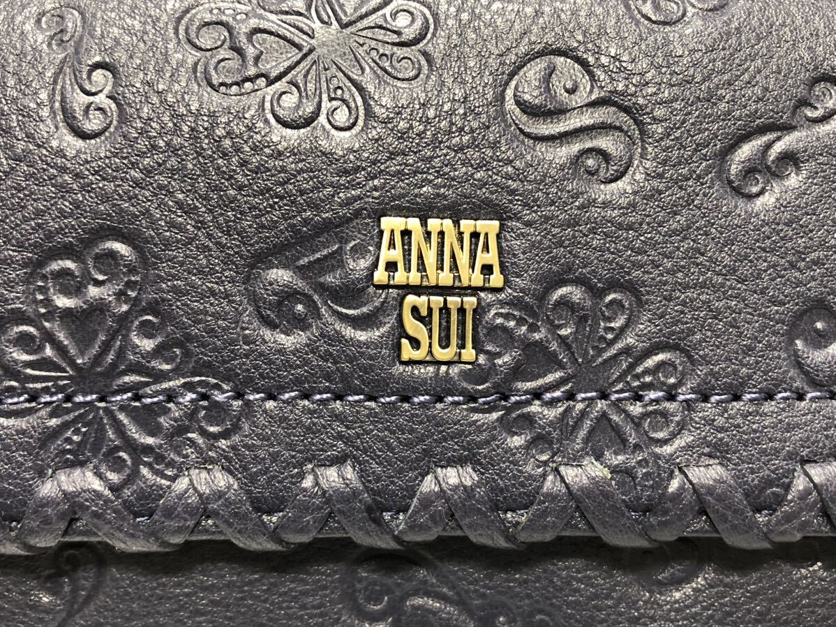 1円~ 未使用品!! ANNA SUI アナスイ がま口 財布 長財布 313180 牛革 レザー ネイビー 紺色 蝶 チャーム ダリアライン レディース 婦人 の画像8