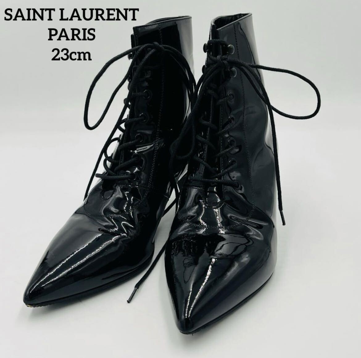 極美品サンローランパリ SAINT LAURENT PARIS アンクルブーツ ショートブーツ ポインテッドトゥ パテントレザー 靴 黒 ブラック 23cm 35.5_画像1