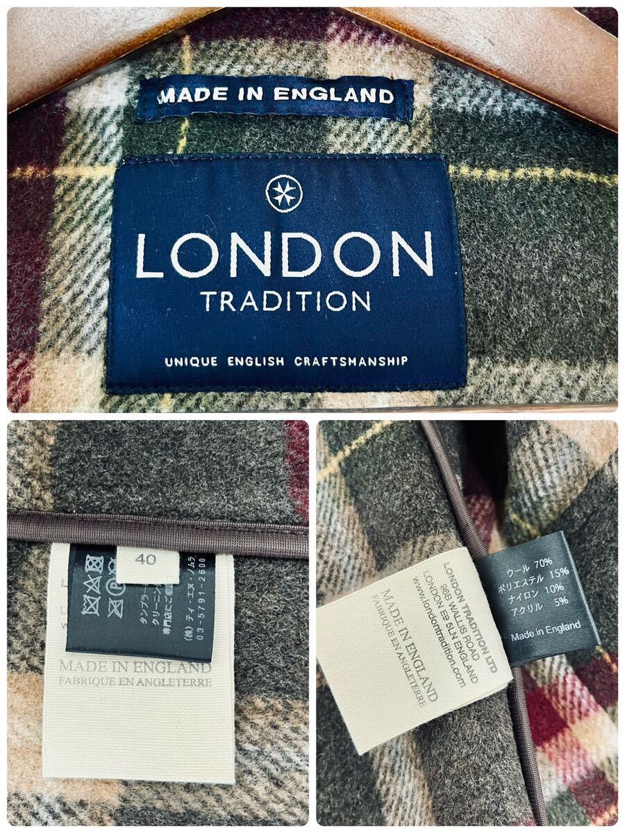 希少Lサイズ ロンドントラディション 【大人の色気】 LONDON TRADITION ダッフルコート トグル ウール 裏地 チェック アウター 英国製 40_画像8