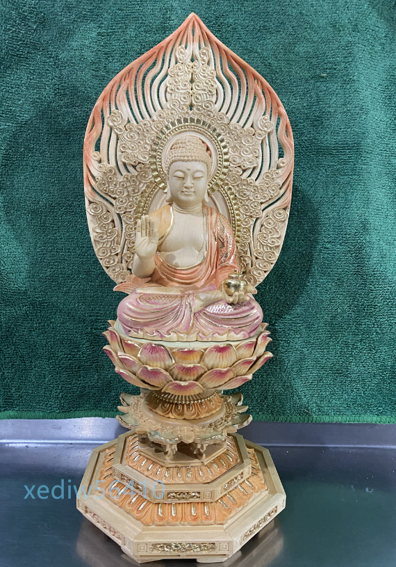 極上品 彩繪 仏教美術品 仏具 仏師で仕上げ品 精密彫刻 工芸品 薬師如来座像 高さ約32cm _画像8