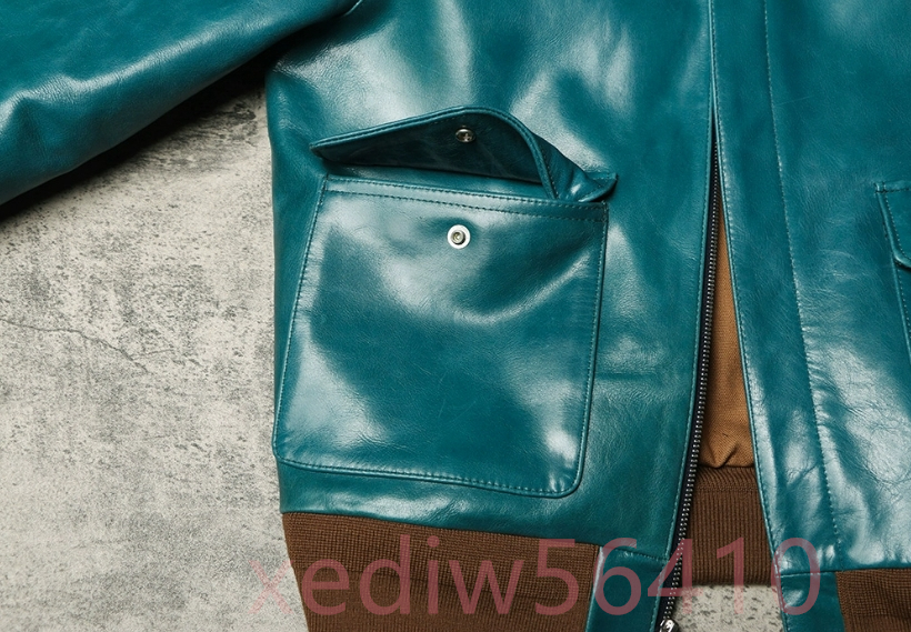 フライトジャケット ポリッシュブルー 1.3mm ホースハイド 30's 茶芯レザー 馬革インディゴ 藍染めL(38) サイズ選択可 _画像4