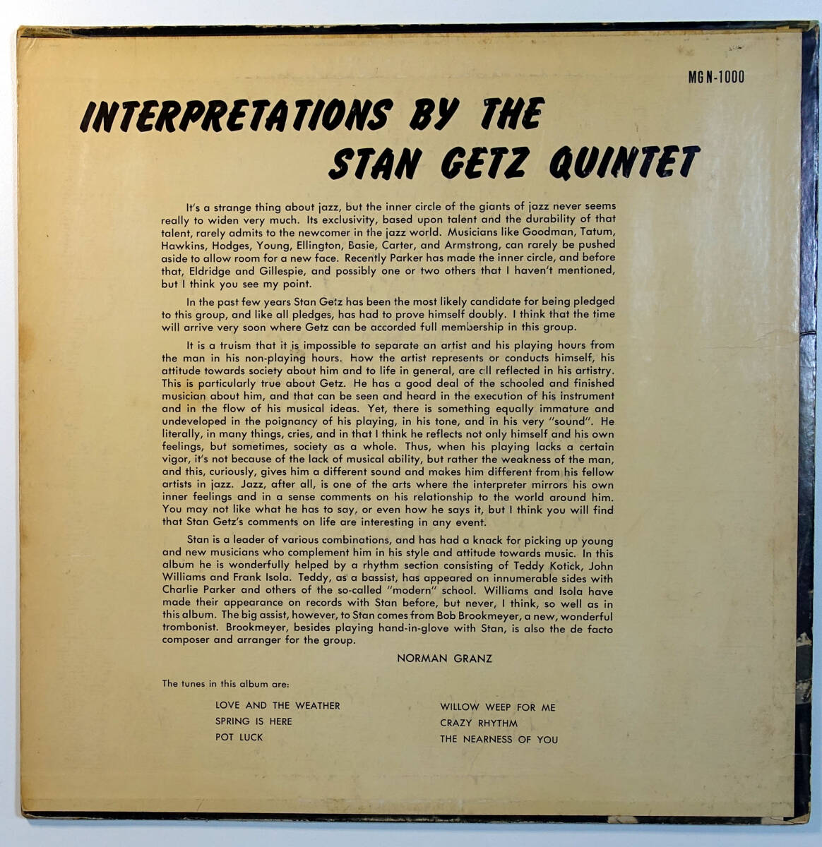 US NORGAN MGN-1000 オリジナル Interpretations by the Stan Getz Quintet VOL1 DG/Flat Edgeの画像2