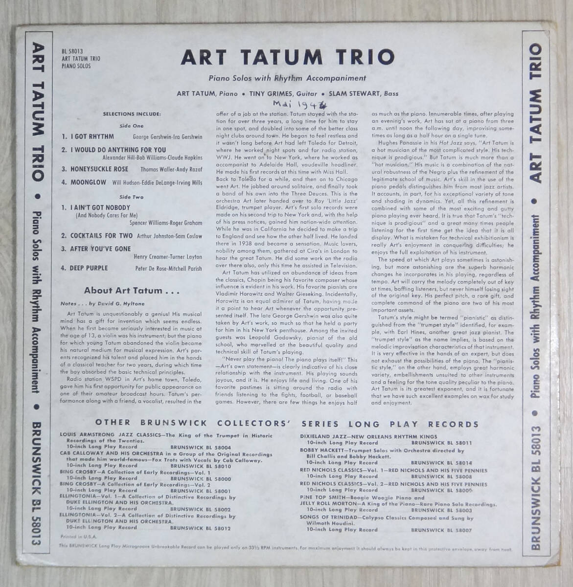 希少! US Brunswick オリジナル BL 58013 ART TATUM TRIO DG/Flat Edge_画像2