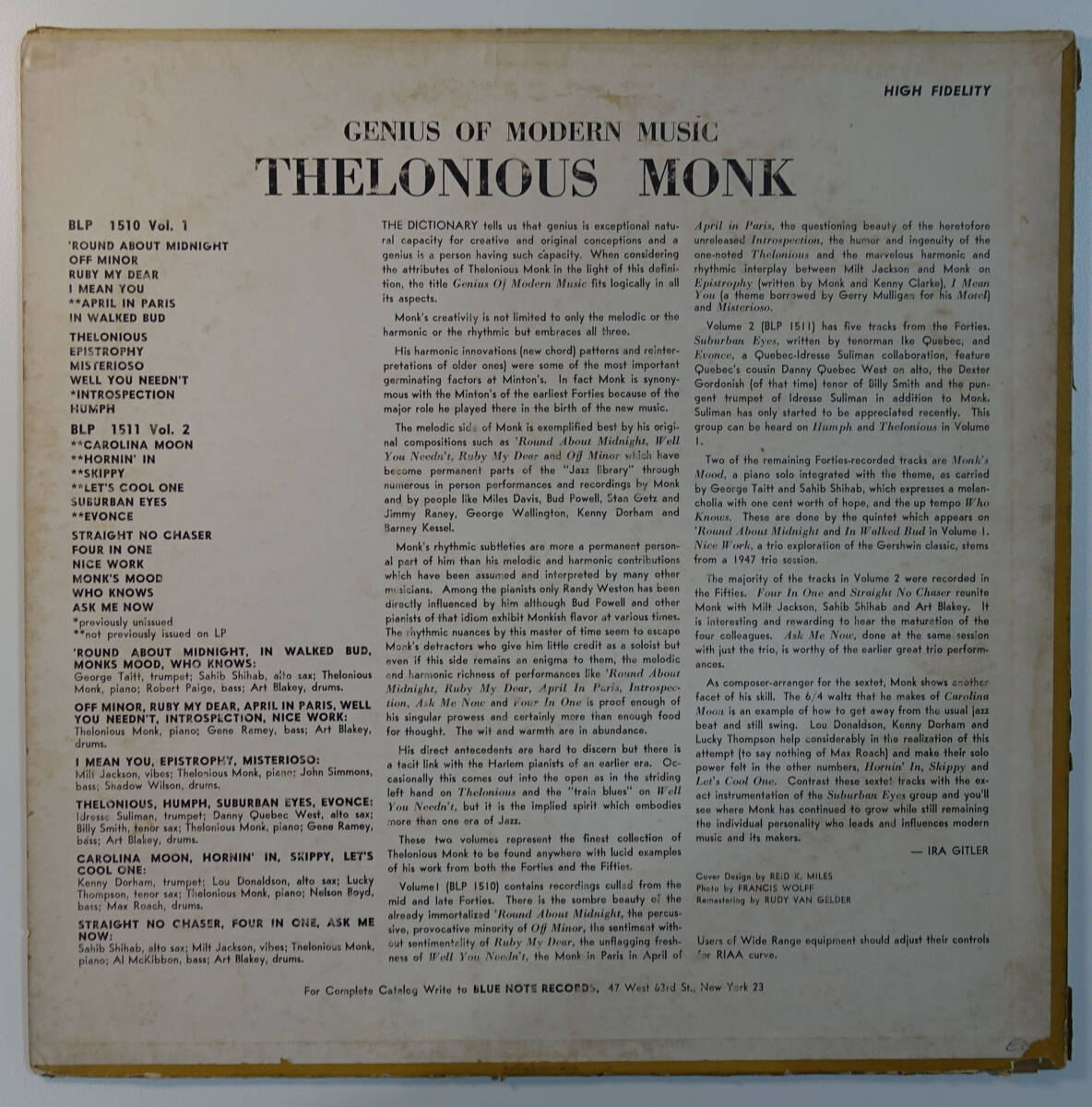 極美! US BLUE NOTE BLP 1510 オリジナル Genius of Modern Music / Thelonious Monk Lexington/DG/RVG/EARの画像2