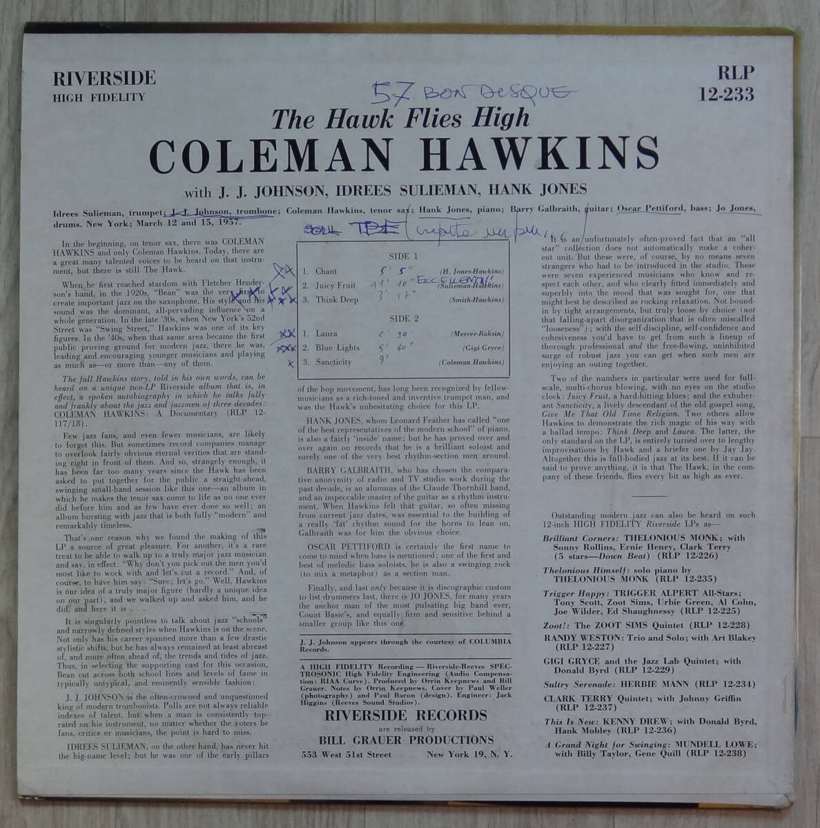 極美! US Riverside RLP 12-233 完全オリジナル The Hawk Flies High / Coleman Hawkins White&DGレーベル_画像2