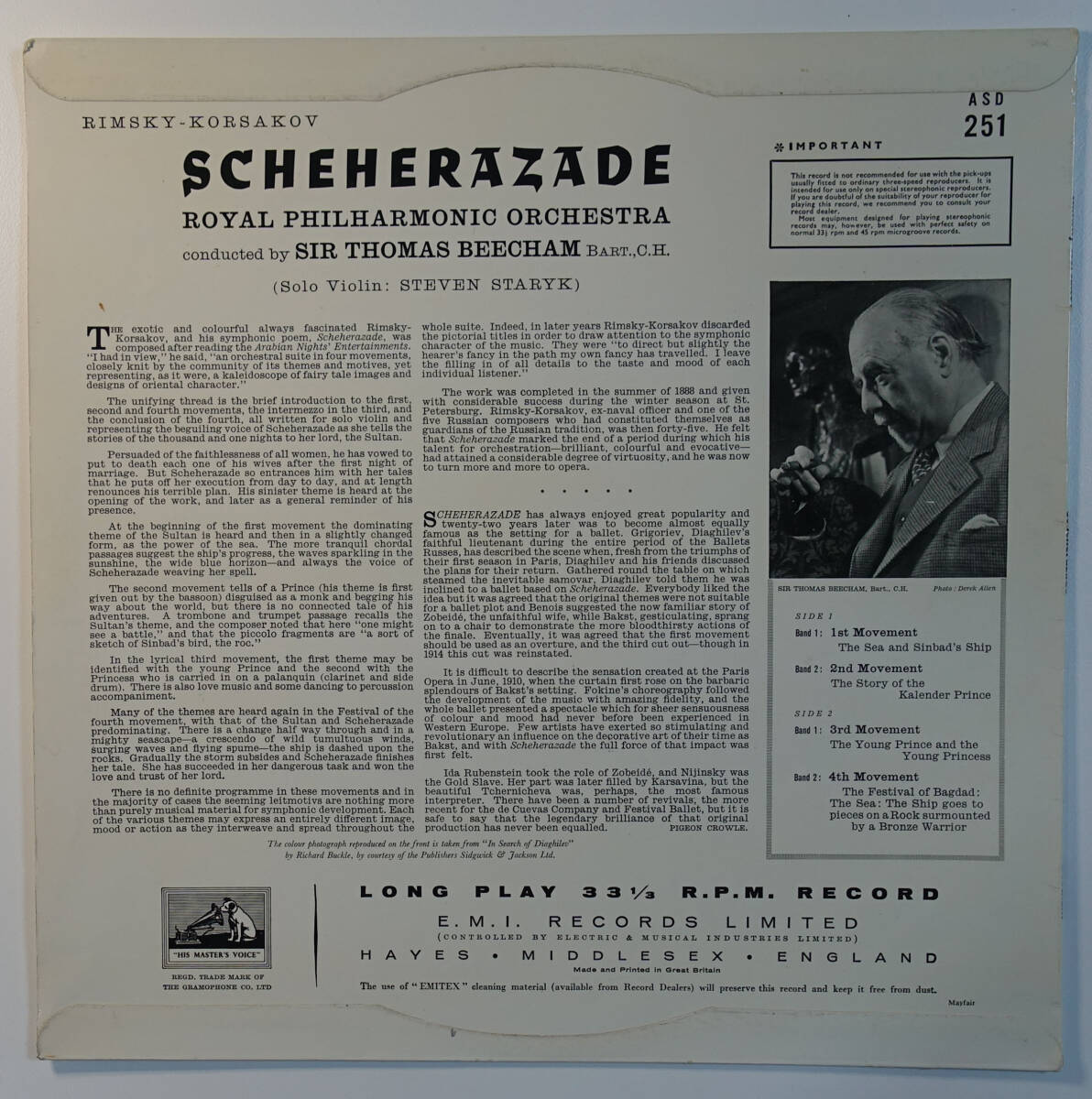 英HMV ASD 251 交響組曲『シェヘラザード』 トーマス・ビーチャムの画像2
