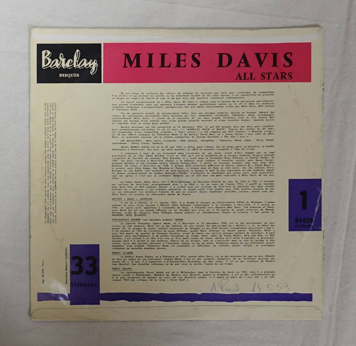 France Barclay オリジナル Bag’s Groove / Miles Davis All Stars_画像2