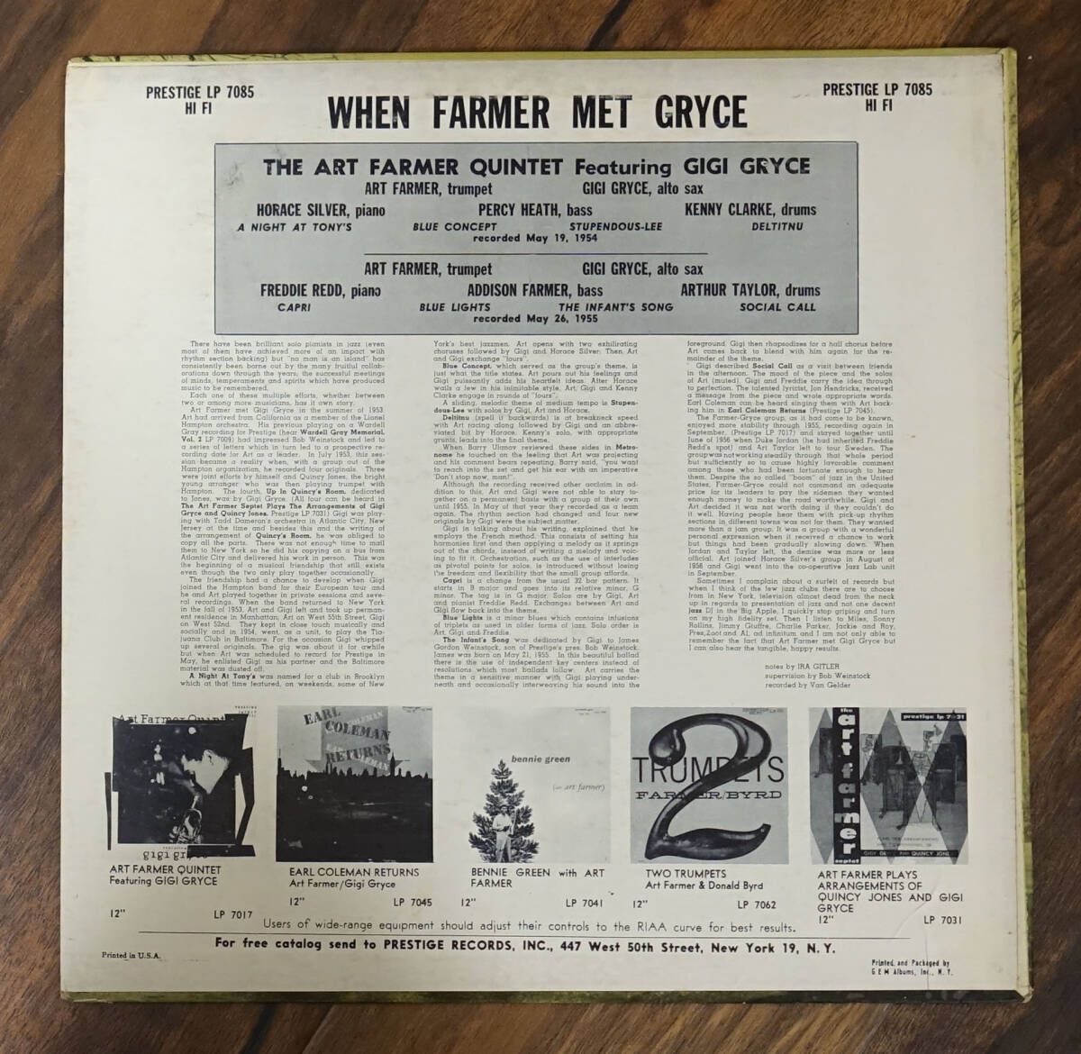 極上品! US Prestige PRLP 7085 オリジナル When Farmer met Gryce / The Art Farmer Quinter NYC/DG/RVGの画像2