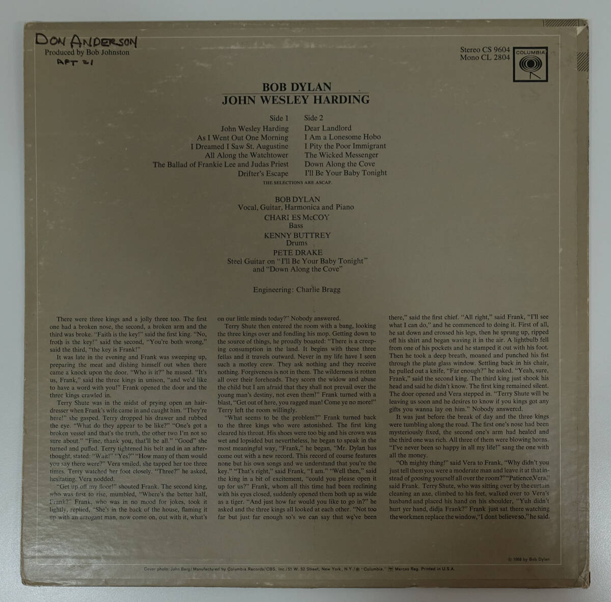 極美! US Columbia CS 9604 オリジナル 2EYES John Wesley Harding / Bob Dylan MAT: 1F/1Fの画像2