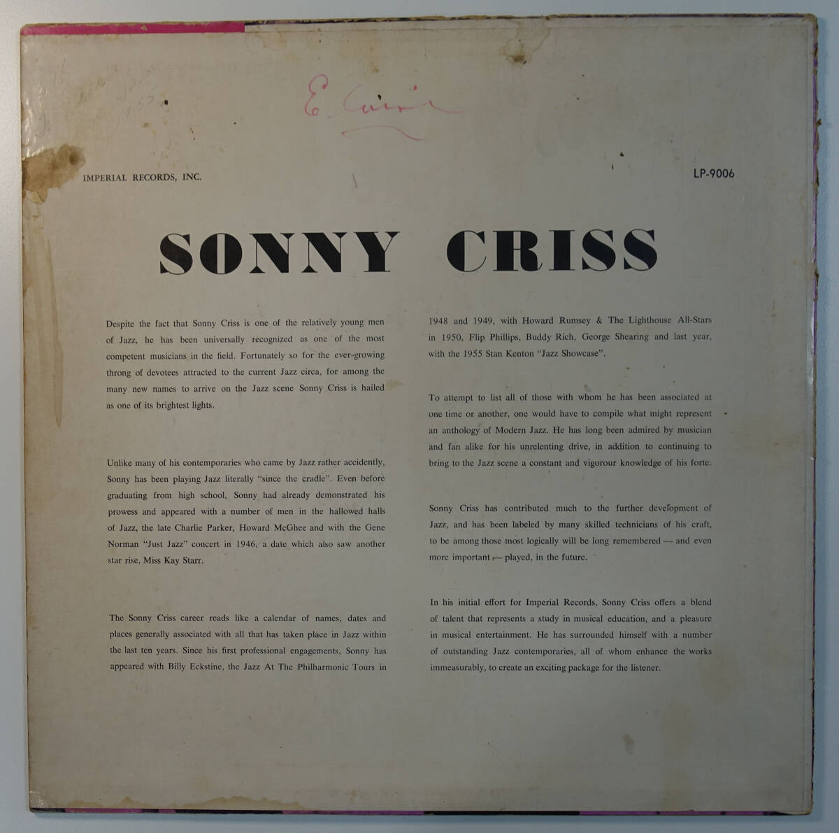 US IMPERIAL LP 9006 完全オリジナル JAZZ-USA / Sonny Criss DG/Flat Edge_画像2
