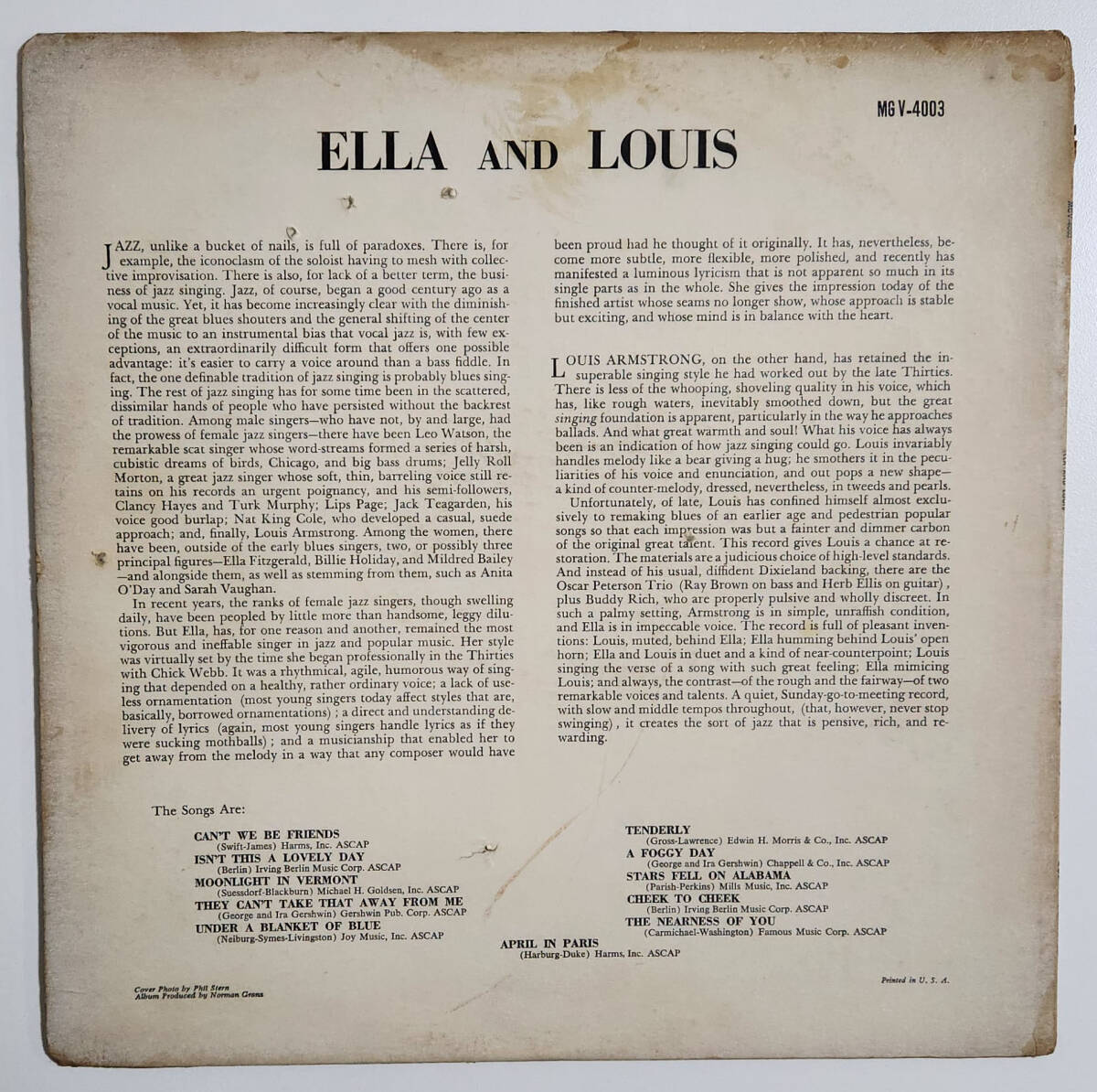 US VERVE MGV-4003 ELLA and Louis / Ella Fitzgerland and Louis Armstrong DGレーベルの画像2
