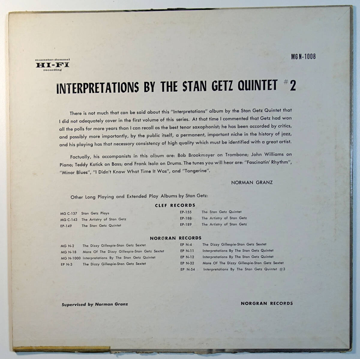 極美! US NORGAN MGN-1008 オリジナル Interpretations by the Stan Getz Quintet VOL 2の画像2