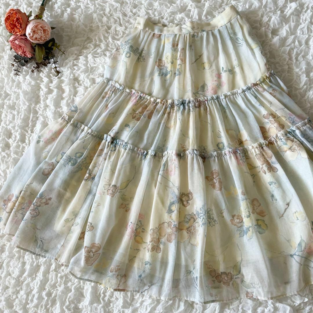 USAヴィンテージ　VINTAGE シフォン　ティアードスカート　花柄　水彩　フラワープリント_画像1