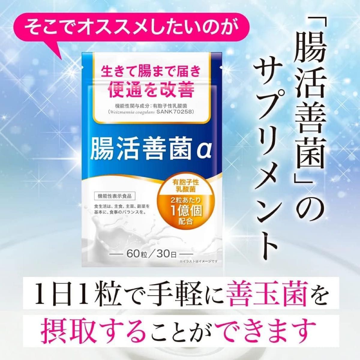 【2個セット】腸活善菌 便通改善 乳酸菌 サプリ 1億個配合 ビフィズス菌 オリゴ糖 食物繊維 30日分×2 機能性表示食品