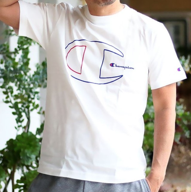 ◆新品◆ Champion チャンピオン 吸水速乾!! Ｔシャツ 半袖 丸首 クルーネック カットソー トレーニングシャツ 大ロゴ ホワイト 白 Lサイズの画像1