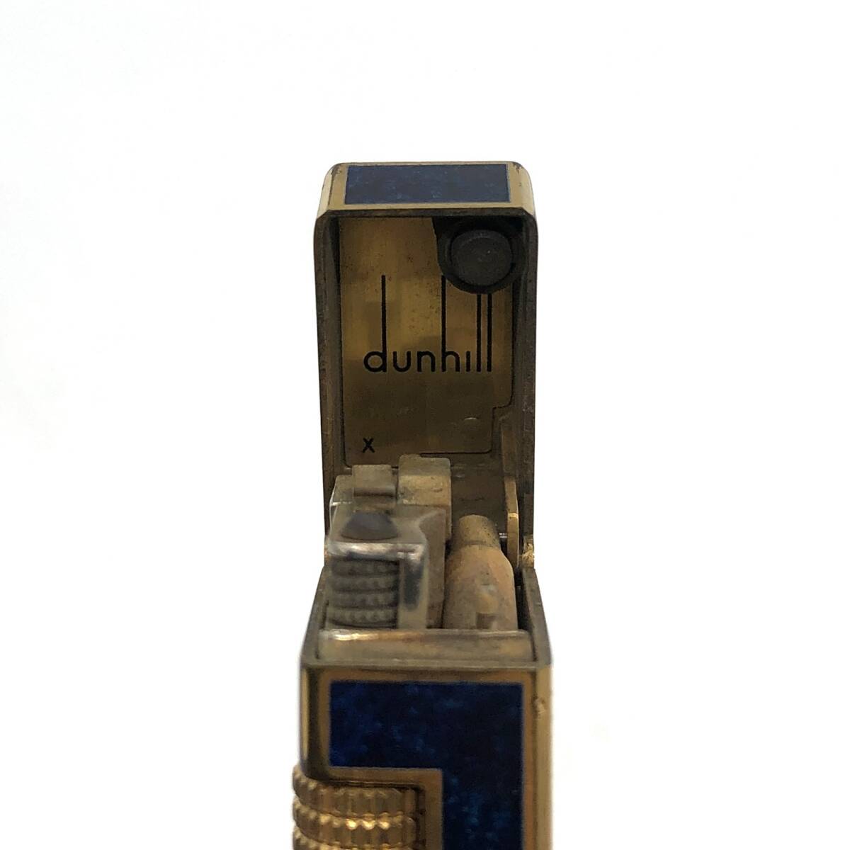 【火花のみ確認】dunhill ダンヒル ガスライター ラピスブルー×ゴールド ローラー式 スクエア ネイビー系 喫煙具 ライターの画像6