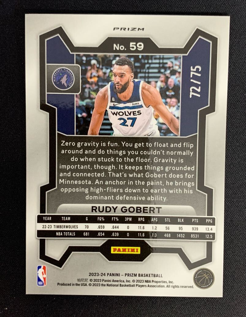 75枚限定 2023-24 NBA Panini Prizm Rudy Gobert Pink Fast Break Disco NBAカード 大活躍 の画像2