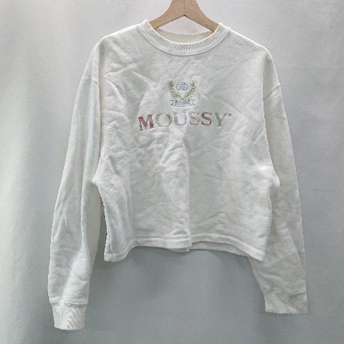 ◇ MOUSSY マウジー ブランドロゴ刺? クロップド丈 パステルカラー 長袖 トレ－ナ－ サイズF ホワイト系 レディース E_画像1