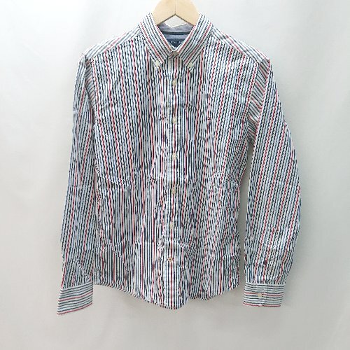 ◇ ◎ TOMMY HILFIGER トミーヒルフィガー ストライプ ボタンダウン 長袖 シャツ サイズM ブルー レッド メンズ E_画像1