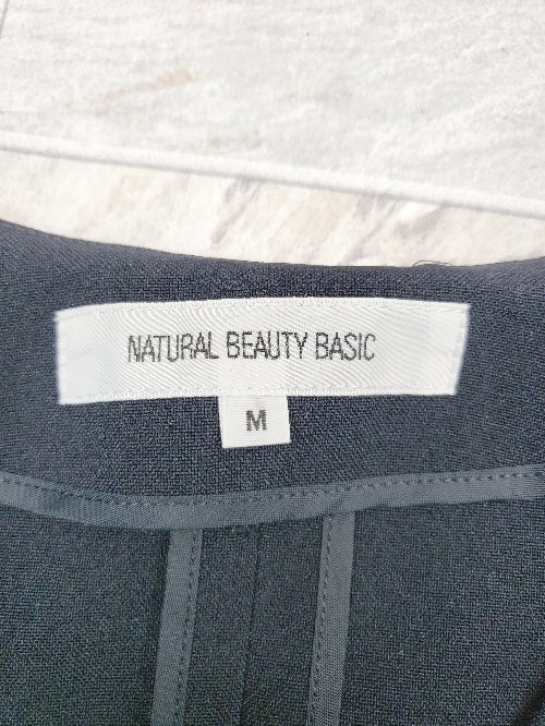 ◇ NATURAL BEAUTY BASIC ナチュラルビューティーベーシック ノーカラー 長袖 ジャケット サイズM ネイビー系 レディース P_画像3