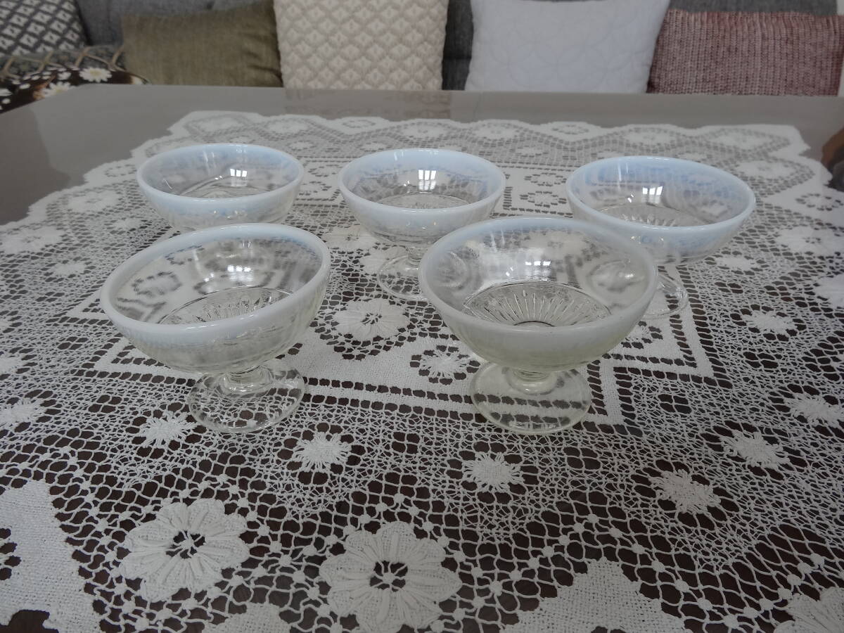 ガラス 氷カップ 氷菓 5個セット 手作り乳白縁 大正・明治ガラス レトロ の画像1